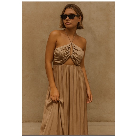 ZARA Gold Satin Cutout Maxi Dress XS | Wrinkle Effect Formal Evening Gown NWT - Picture 3 of 8